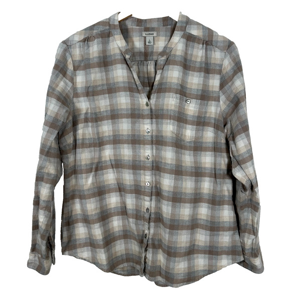 L.L. Bean Plaid Flannel Shirt Women's Large White Gray Beige Collarless Buttoned - Picture 1 of 7